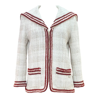 Chanel White Tweed Jacket With Burgundy Trim & Sailor Collar