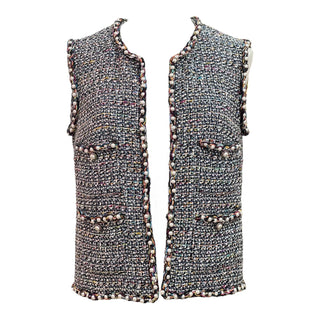Chanel Multicolor Tweed Sleeveless Vest Jacket with Pearl Embellishments