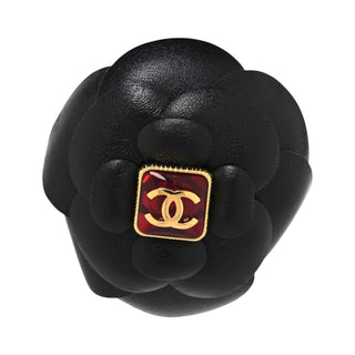 Chanel Black Lambskin Crystal Camellia CC Barrette Hair Clip