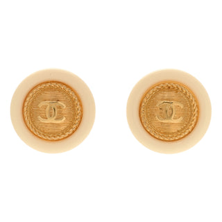 Chanel White Resin Gold CC Button Earrings