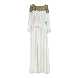 Marchesa White Embellished Long Sleeve Belted Gown