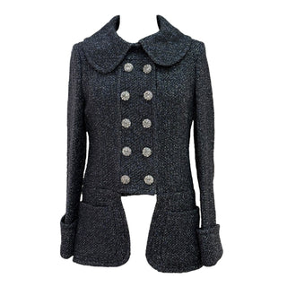 Chanel Black Metallic Tweed Double-Breasted Jacket with Jewel Buttons
