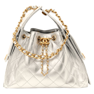 Chanel Silver Metallic Caviar Quilted Small Chanel 25 Hobo Bag With Gold Hardware