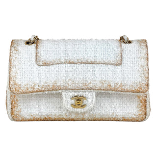 Chanel White Tweed Double Flap Bag With Gold Glitter Trim Detailing