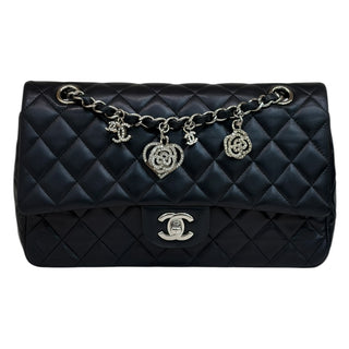 Chanel Black Quilted Lambskin Valentine Crystal Charms Medium Flap Bag With Silver Hardware