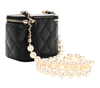 Chanel Black Lambskin Quilted Mini Vanity Case With Pearl Chain