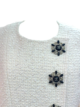 Chanel 2018 Ivory Pearl-Embellished Flared Tweed Jacket with Sunburst CC Buttons