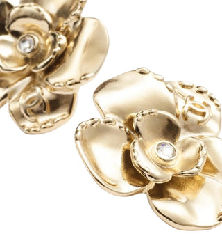 Chanel Gold-Tone Camellia Flower Clip On Earrings With Crystal CC Logo