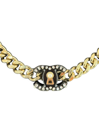 Chanel Keyhole CC Pendant Chunky Gold Curb Chain Necklace With Crystal & Pearl Detail