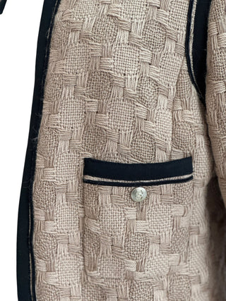 Chanel Beige Woven Tweed Jacket with Black Trim & Logo Buttons