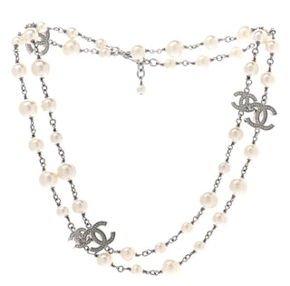 Chanel Silver Crystal Pearl CC Long Necklace