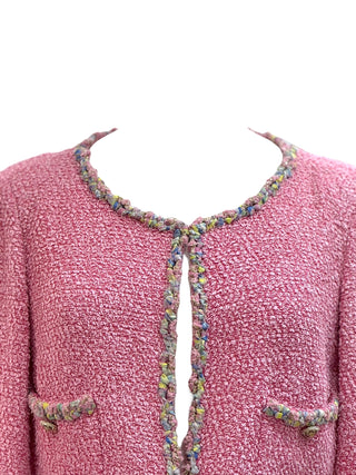 Chanel Pink Bouclé Tweed Cardigan Jacket With Textured Rainbow Trim