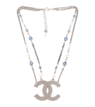 Chanel Silver-Tone CC Pendant Necklace With Blue Crystals And Pearl Beads