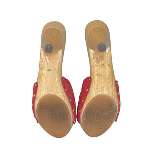 Chanel Red Suede Wooden Mules with Silver CC Plate
