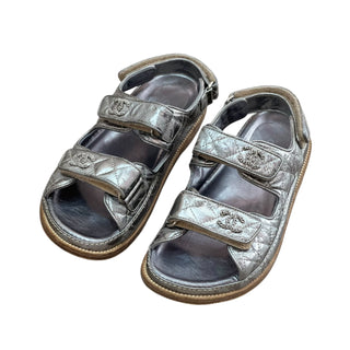 Chanel Quilted Metallic Silver Leather Dad Sandals