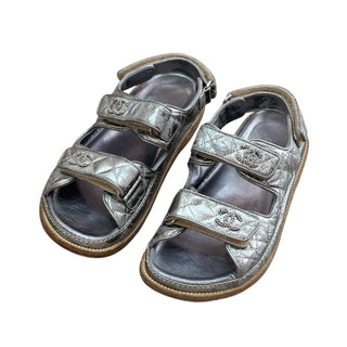 Chanel Quilted Metallic Silver Leather Dad Sandals