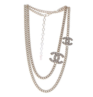 Chanel Gold Pearly White Quilted CC Layered Long Chain Necklace