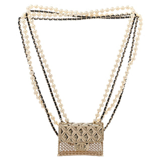 Chanel Gold Metal Pearly White Lambskin Pearl Chain Flap Bag Multi Strand Long Necklace