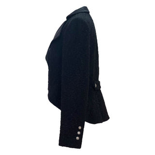 Chanel Black Textured Wool Cropped Jacket with Satin Lapel