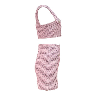 Alessandra Rich Pink Tweed Cropped Top & Mini Skirt Set with Crystal Buttons