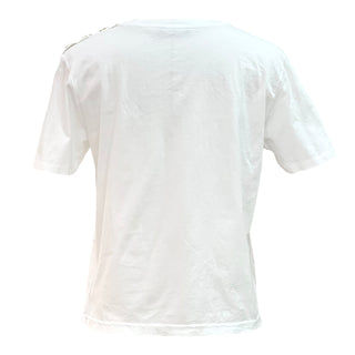 Balmain White Cotton T-Shirt with Gold Foil Logo & Signature Shoulder Buttons