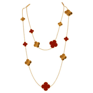 Van Cleef & Arpels 18K Yellow Gold Carnelian & Tiger’s Eye Magic Alhambra 16 Motif Long Necklace