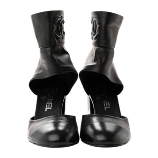 Chanel Black Lambskin CC Cut Out Ankle Boots With Block Heel
