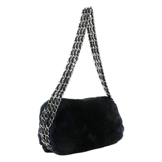 Chanel Navy Rabbit Fur Triple Chain Flap Bag