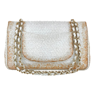 Chanel White Tweed Double Flap Bag With Gold Glitter Trim Detailing