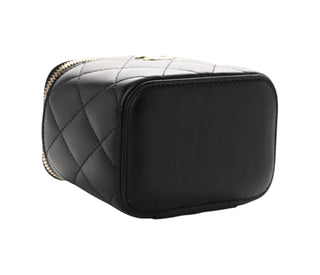 Chanel Black Lambskin Quilted Mini Vanity Case With Pearl Chain