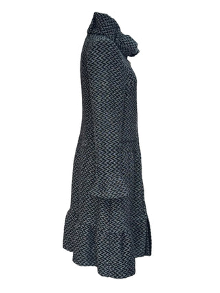 Chanel Black & Silver Chevron Knit Ruffle Hem Coat With High Collar