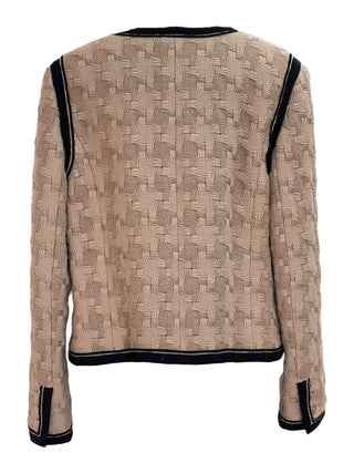 Chanel Beige Woven Tweed Jacket with Black Trim & Logo Buttons