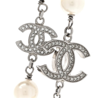 Chanel Silver Crystal Pearl CC Long Necklace