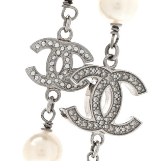 Chanel Silver Crystal Pearl CC Long Necklace