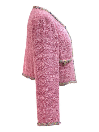 Chanel Pink Bouclé Tweed Cardigan Jacket With Textured Rainbow Trim