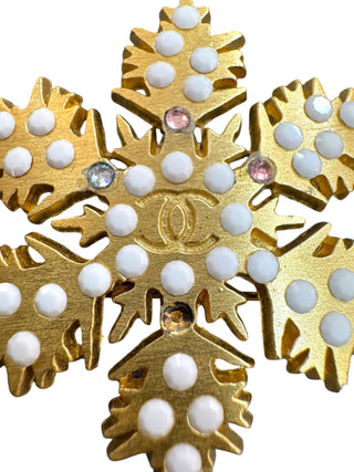 Chanel Gold Snowflake Brooch With White Beads And CC Logo