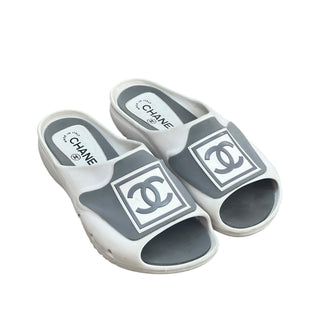 Chanel White & Grey Rubber CC Slide Sandals
