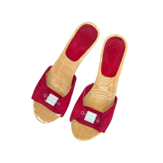Chanel Red Suede Wooden Mules with Silver CC Plate