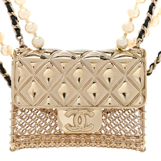 Chanel Gold Metal Pearly White Lambskin Pearl Chain Flap Bag Multi Strand Long Necklace