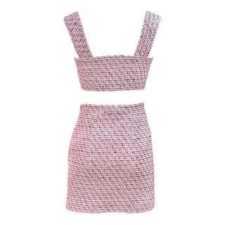 Alessandra Rich Pink Tweed Cropped Top & Mini Skirt Set with Crystal Buttons