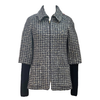 Chanel Navy & White Houndstooth Tweed Jacket with Knit Underlay Sleeves