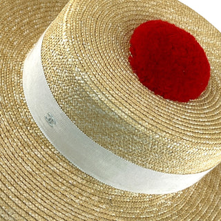 Chanel Natural Straw Boater Hat with Red Pom-Pom & White Grosgrain Band