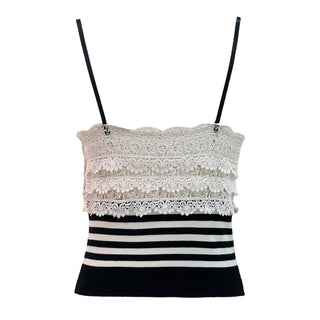 Chanel White Lace & Black Striped Knit Camisole Top with Satin Bow Detail