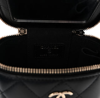 Chanel Black Lambskin Quilted Mini Vanity Case With Pearl Chain