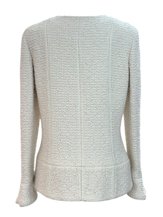 Chanel 2018 Ivory Pearl-Embellished Flared Tweed Jacket with Sunburst CC Buttons