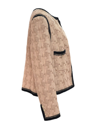 Chanel Beige Woven Tweed Jacket with Black Trim & Logo Buttons