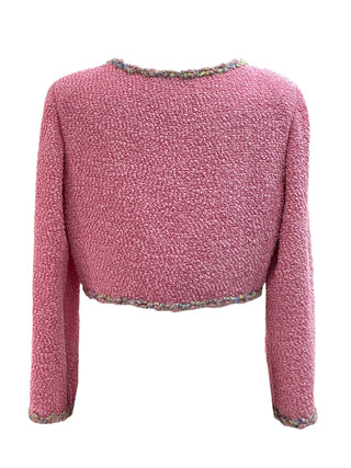 Chanel Pink Bouclé Tweed Cardigan Jacket With Textured Rainbow Trim