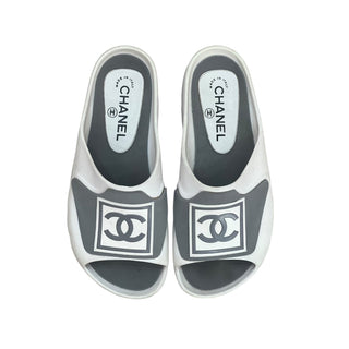 Chanel White & Grey Rubber CC Slide Sandals