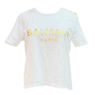 Balmain White Cotton T-Shirt with Gold Foil Logo & Signature Shoulder Buttons
