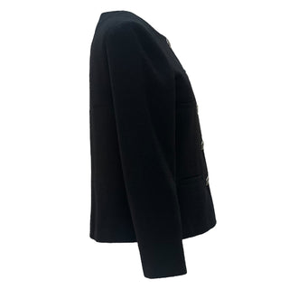 Chanel Black Bouclé Jacket with Camellia-Emblazoned Buttons